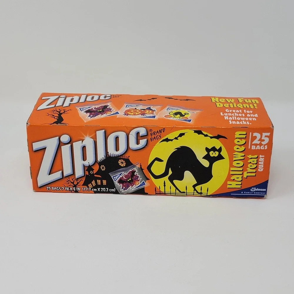 NOS 2009 Ziploc Halloween Print Quart Bags - 25 count - Bats Cats Jack-O-Lantern